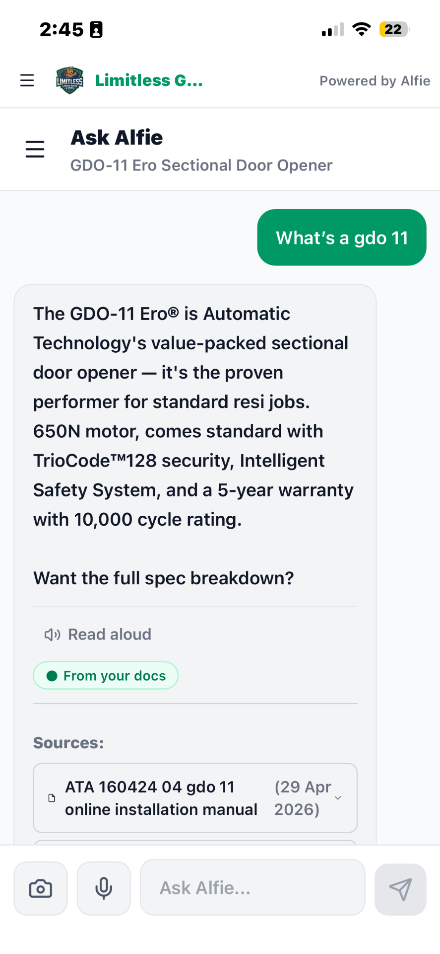 Go Ask Alfie mobile chat — real answer with source manual on site