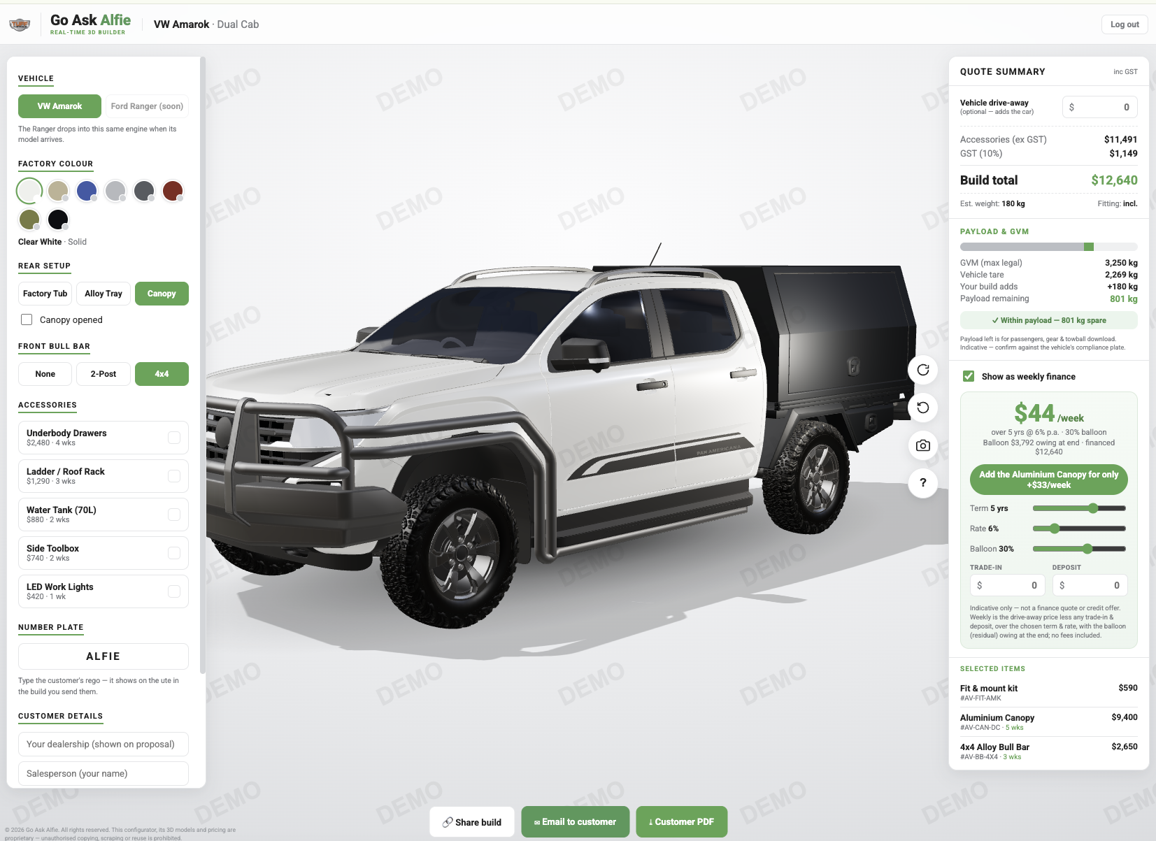 GoAsk Configure — live 3D VW Amarok builder with colour swatches and drive-away quote