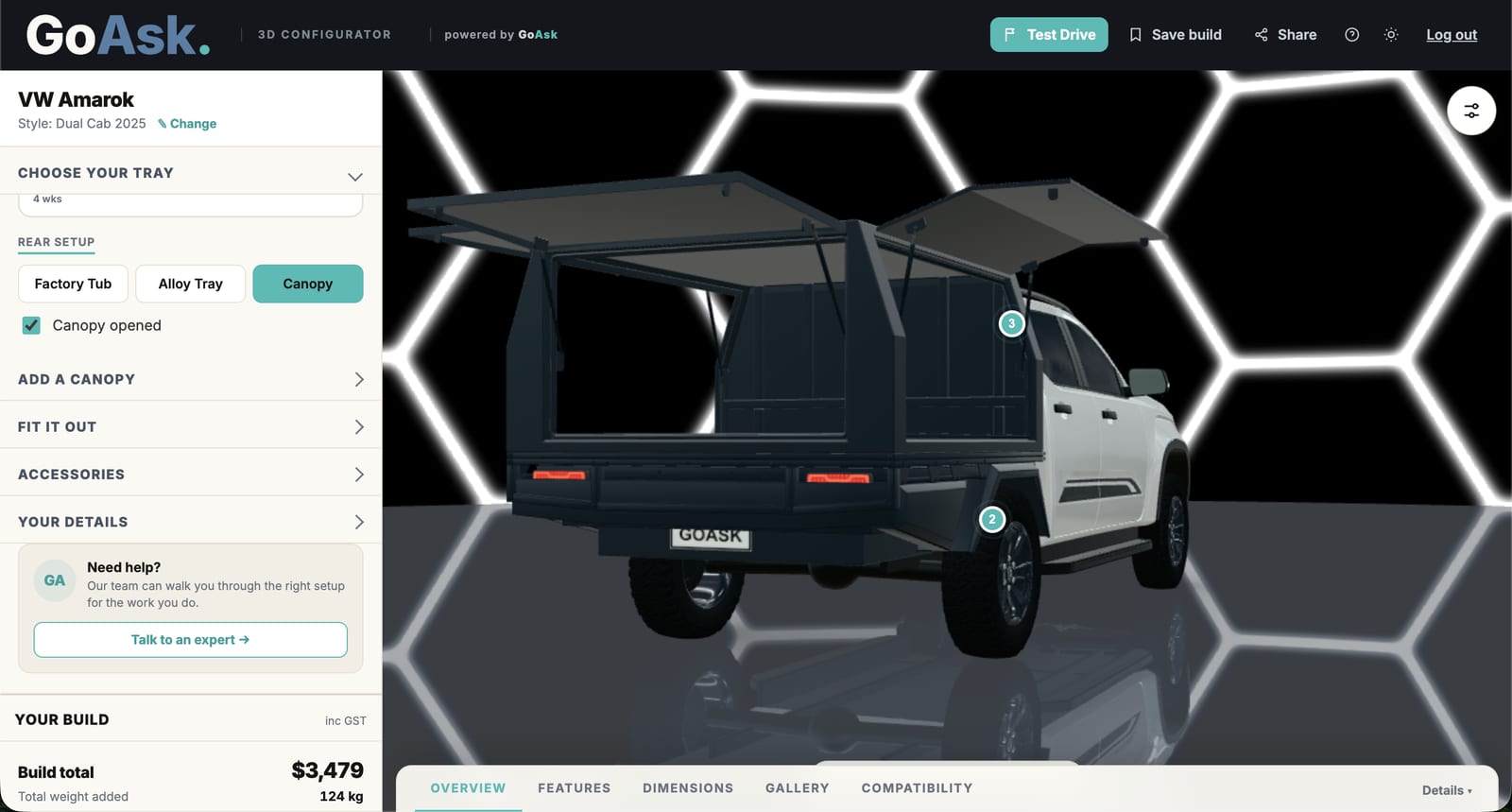 GoAsk 3D Configurator — live 3D Configurator — VW Amarok with colour swatches and drive-away quote