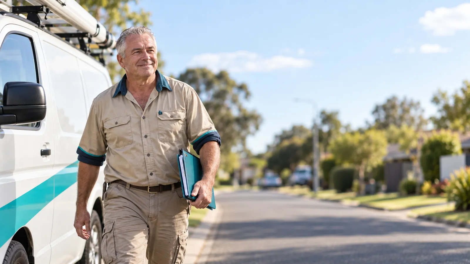 Tradesperson walking from a work van on a suburban street